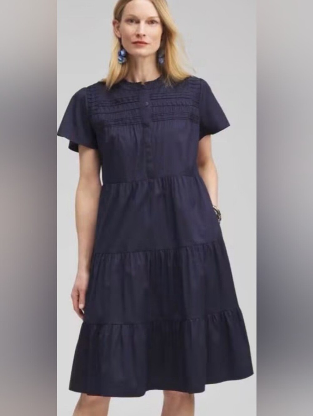 CHICO'S Navy Pintuck Tiered Dress In  16